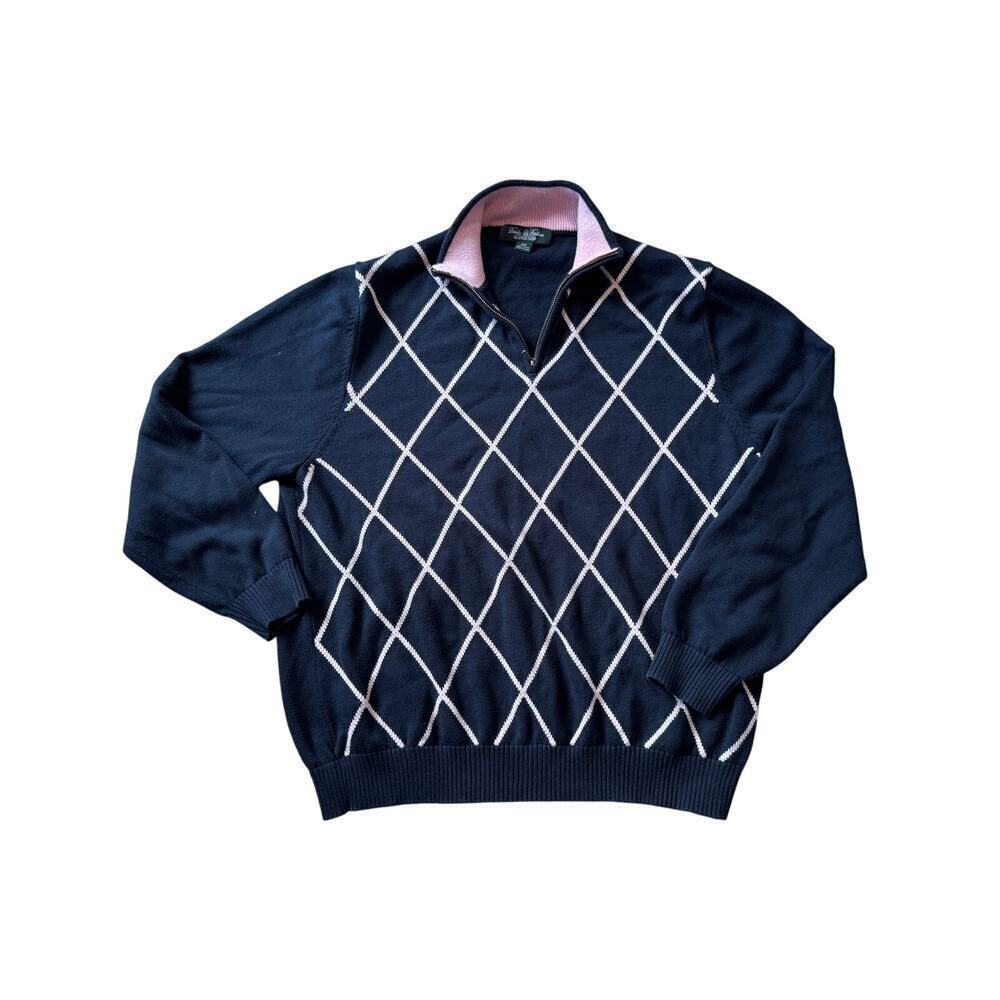 Brooks Brothers, 100% cotton sweater, size XXL, navy blue and pink, 1/4 zip